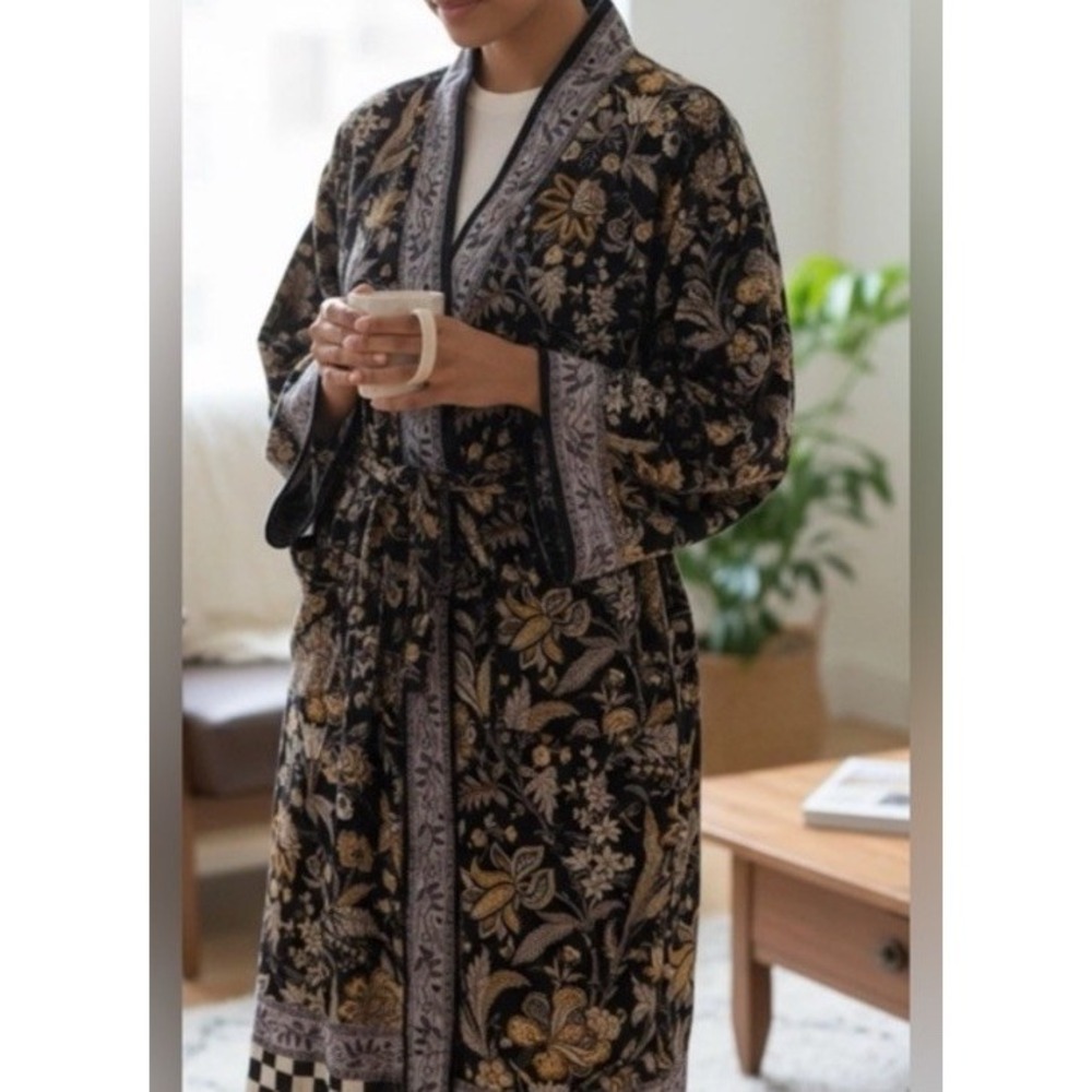 MacKenzie Childs Check Floral Robe L/XL Cotton Mint **NO BELT**